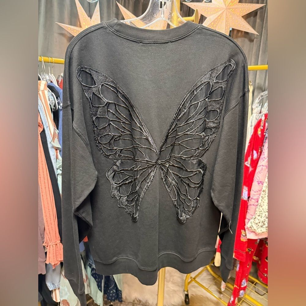 NWOT Tricia Fix Free People Exclusive Butterfly Crewneck Sweatshirt in Black